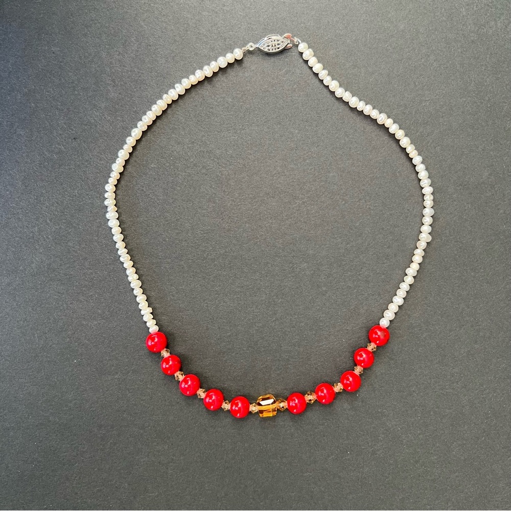 Red Jasper & Pearl Necklace 16” | Jasper Beads Freshwater Pearls Amber Accents